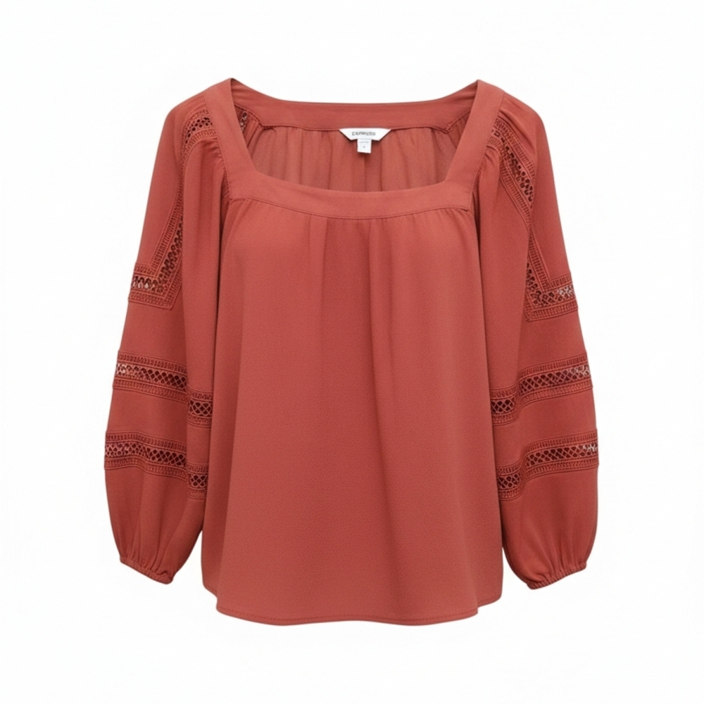 Express Boho Peasant Blouse Top Rust Square Neck Puff Sleeve SIZE XS
